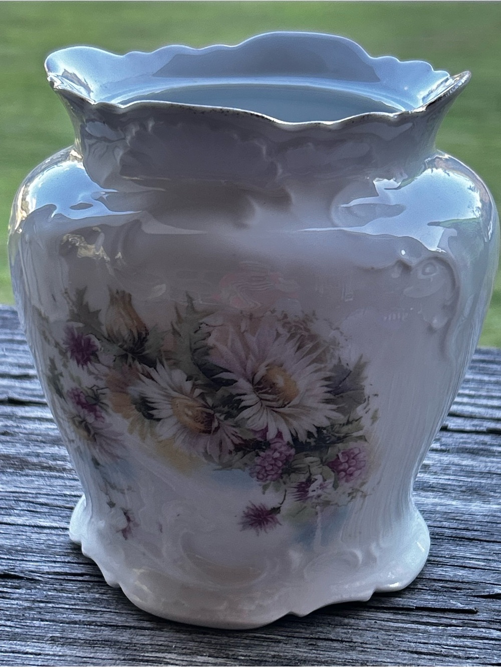Vintage White Floral Porcelain Vase Planter with Pink and Green Accents